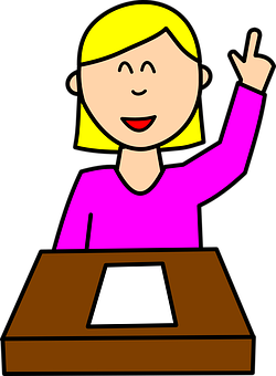 金髮女孩在書桌前舉手 壁紙