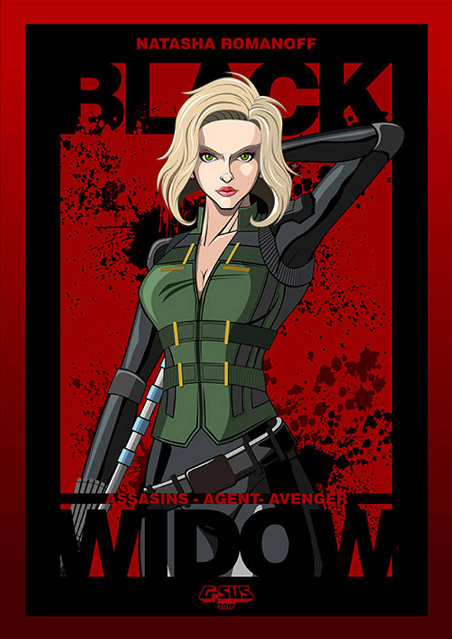 Black Widow 桌布 壁紙 — 金髮娜塔莎·羅曼諾夫身穿綠色戰術裝備，自信地站在大膽的紅色潑濺背景前，配以大型黑色文字。