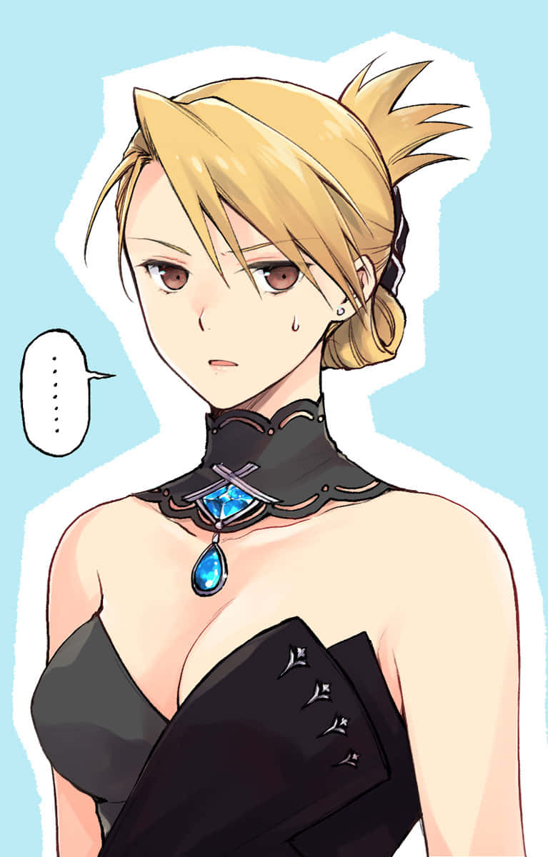 Riza Hawkeye 桌布 壁紙 — 金髮少女身穿黑色連衣裙，飾有藍寶石項鍊，在淺藍色背景下顯得若有所思。
