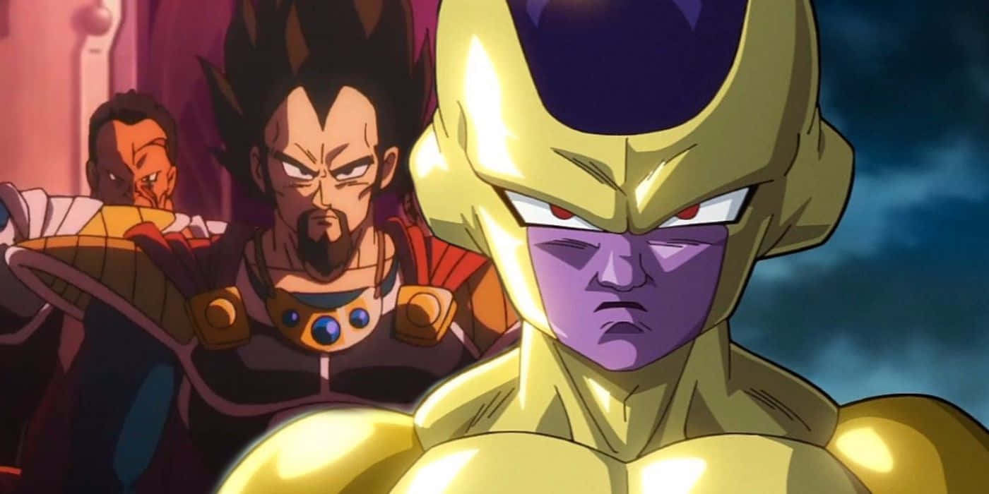 Vegeta And Frieza 桌布 壁紙 — 金髮弗利沙威嚇地站在前景，身後有達爾和另一名戰士的動畫戰鬥場景。