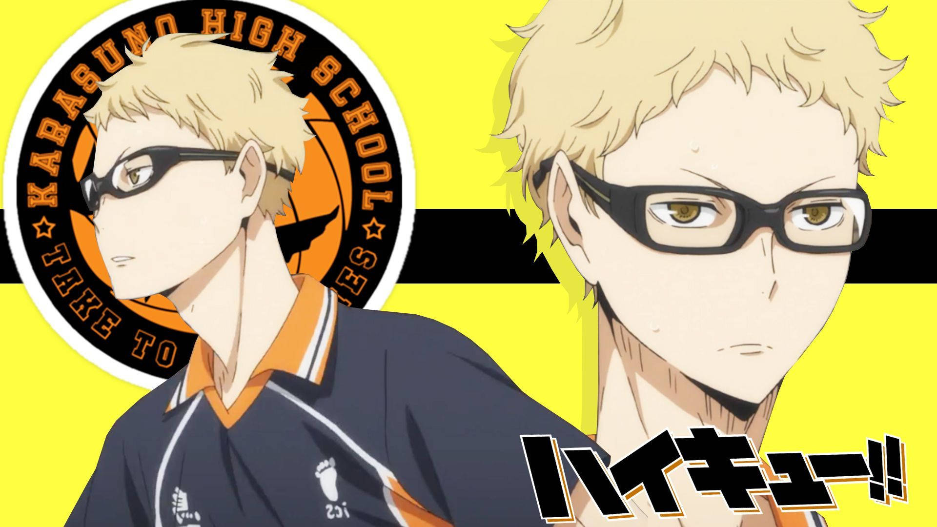 kei tsukishima 桌布 壁紙 — 金髮戴眼鏡的動漫角色，身穿烏野高中排球隊制服，背景為亮黃色。