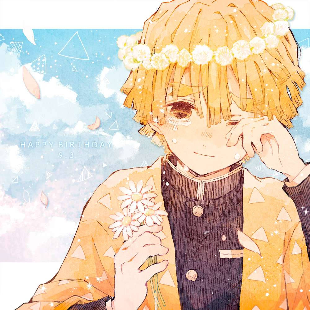 善逸 桌布 壁紙 — 金髮戴花冠的動漫男孩溫柔微笑，手持雛菊，背景是粉彩天空和生日文字。