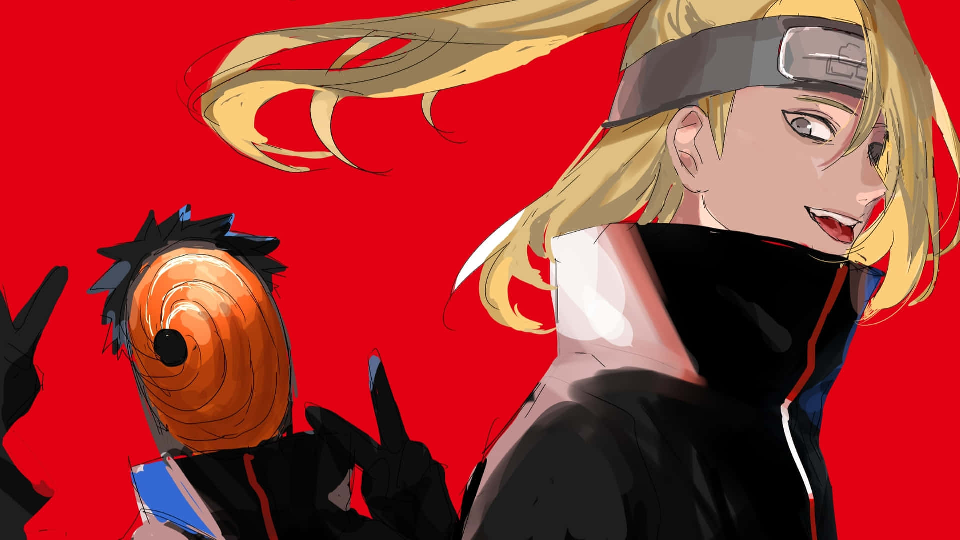 Akatsuki X Deidara 桌布 壁紙 — 金髮戴頭帶的動漫角色在鮮紅色背景前微笑，身後另一個戴面具的人物做著手勢。