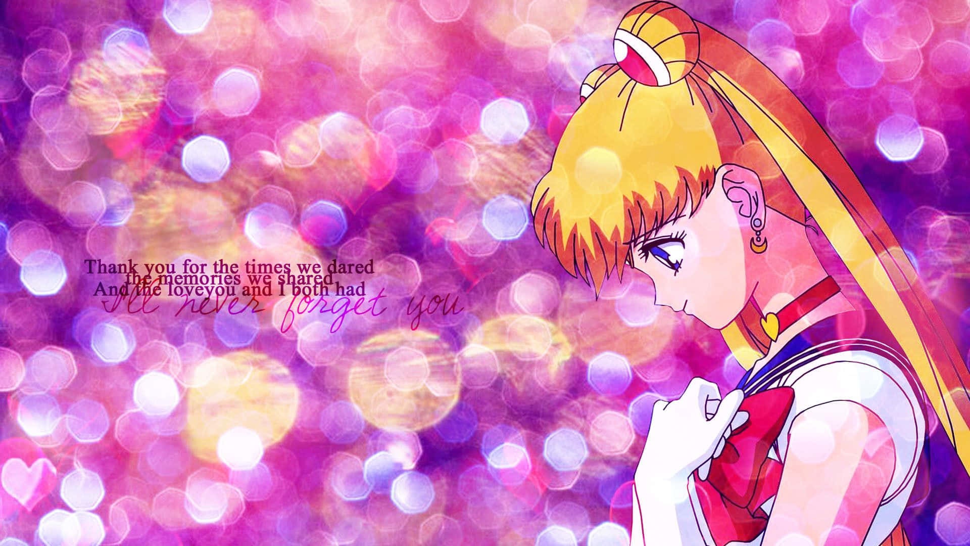 Aesthetic Sailor Moon 桌布 壁紙 — 金髮水手服動畫女孩向下凝視，背景是閃爍的粉紫散景和浪漫文字。