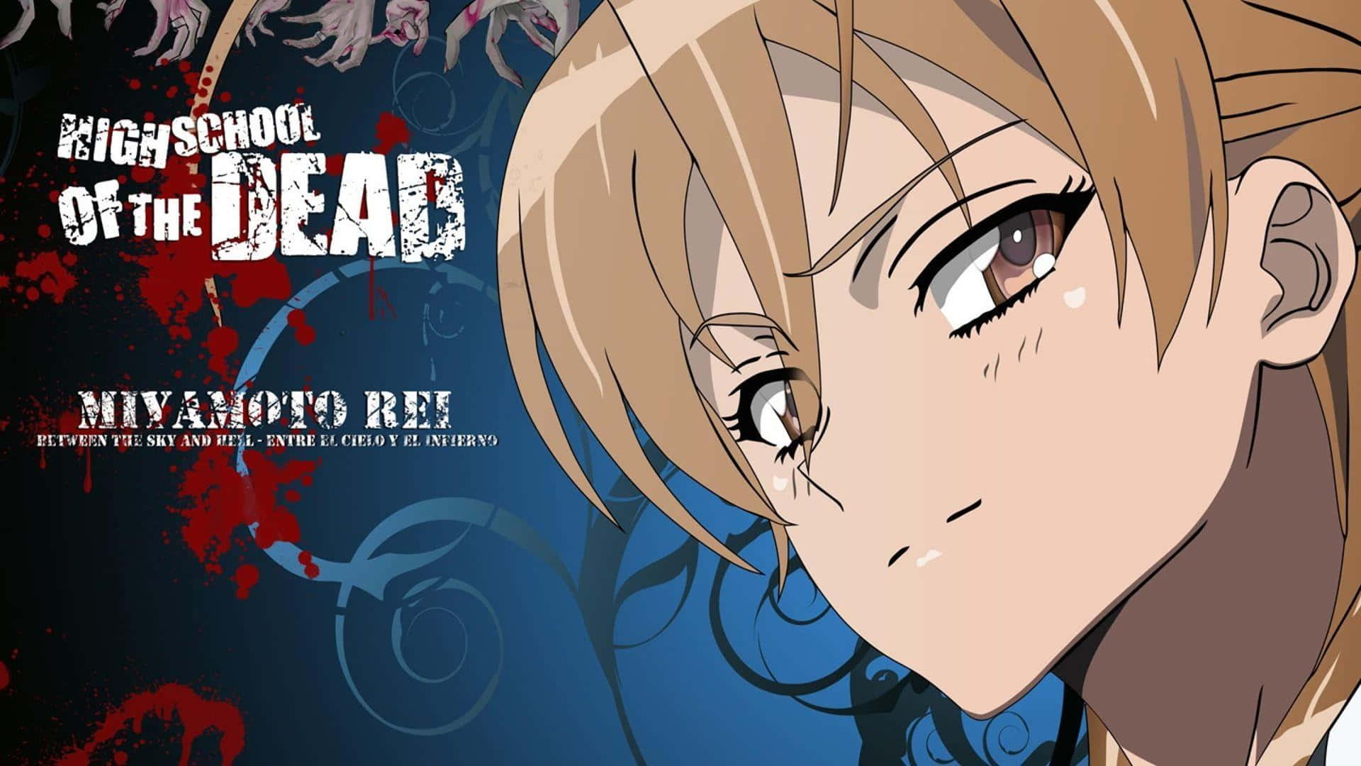 Highschool Of The Dead 桌布 壁紙 — 金髮淚眼動漫女孩在深藍色背景上，帶有血跡和殭屍手，凝視著。