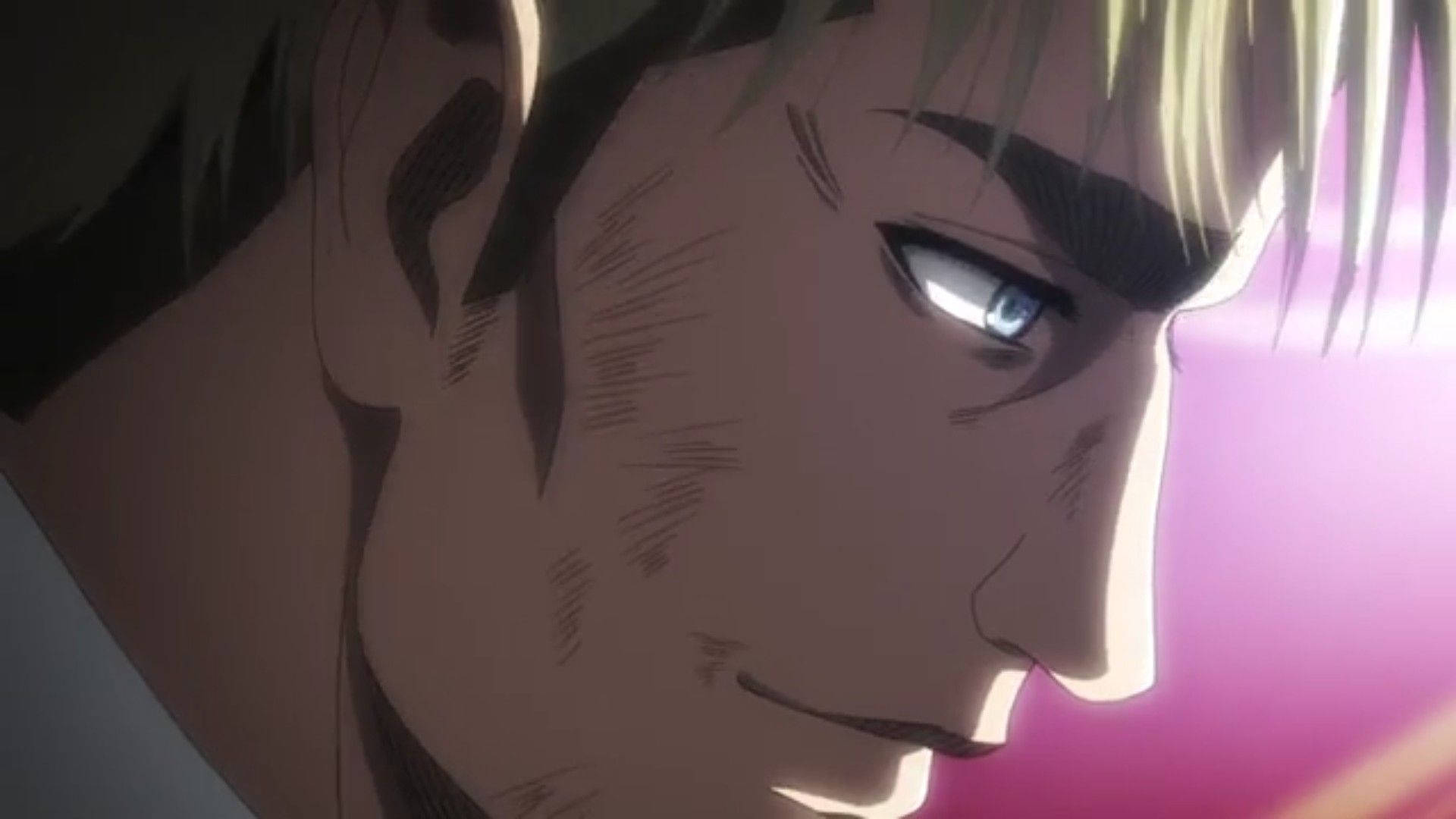 Erwin 桌布 壁紙 — 金髮男子的特寫動畫肖像，擁有強烈藍色眼睛和尖銳面部線條，背景是發光粉紅色。