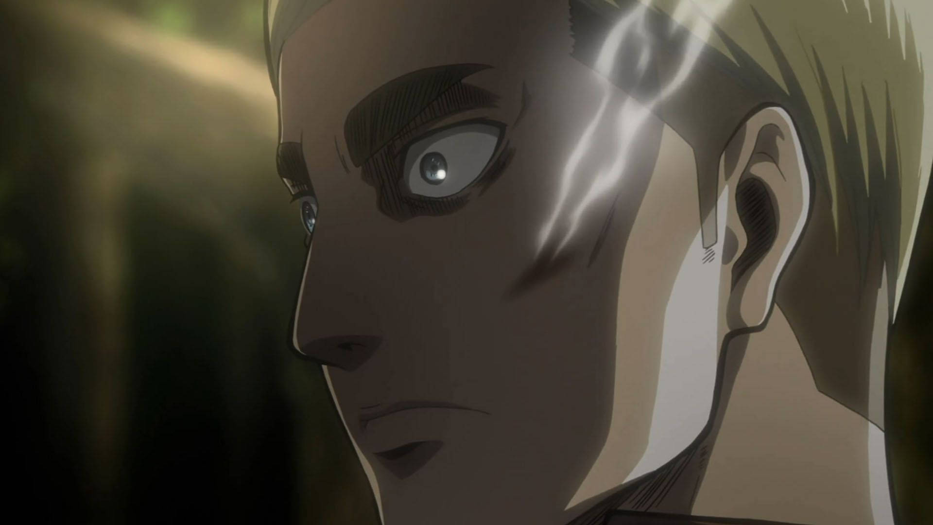 Erwin 桌布 壁紙 — 金髮男性角色的動畫特寫肖像，眼神銳利，耳邊有發光的能量條紋。