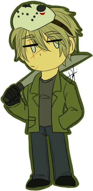 傑森·沃爾希斯 桌布 壁紙 — 金髮的Q版動漫角色戴著曲棍球面具，綠色外套中攜帶刀具。