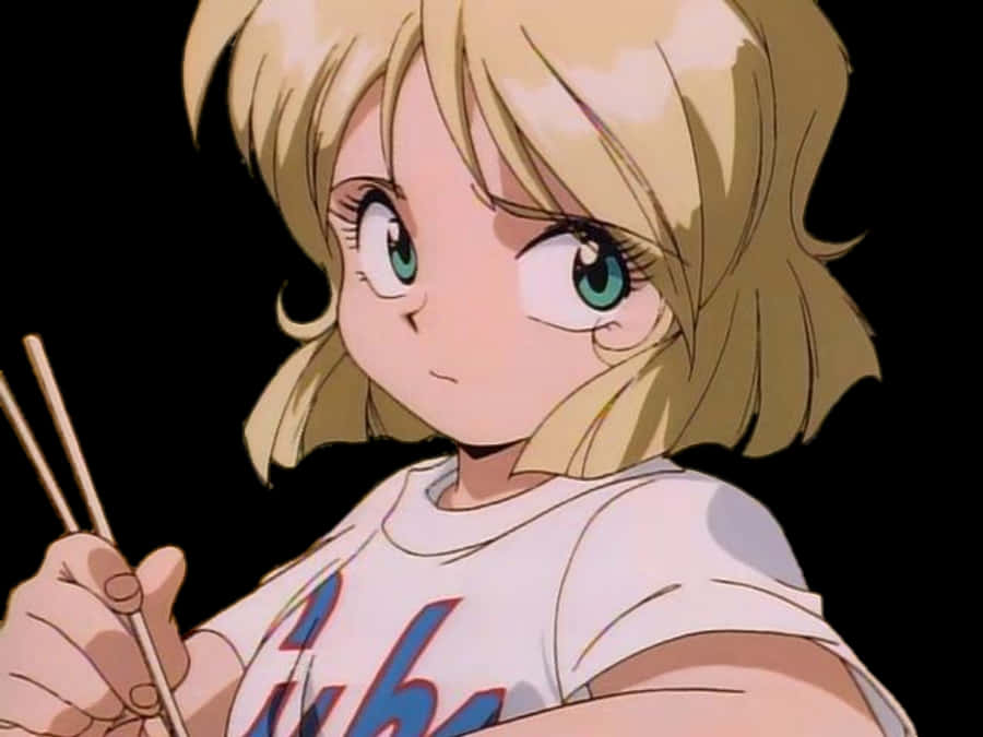 90 Anime Aesthetic 桌布 壁紙 — 金髮碧眼動漫少女手持筷子，黑色背景特寫。