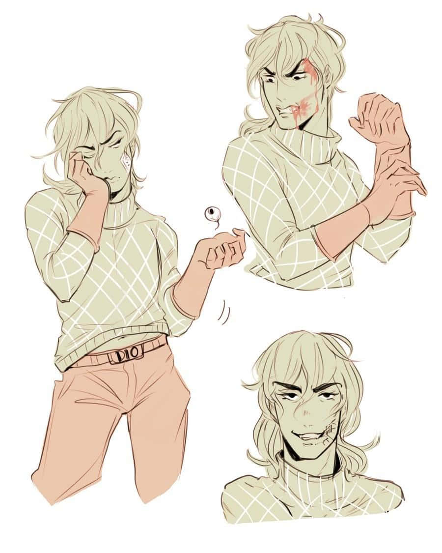 Diego Brando 桌布 壁紙 — 金髮穿著格紋毛衣的動漫角色，以三種姿勢展示傷勢和一個漂浮的眼球。
