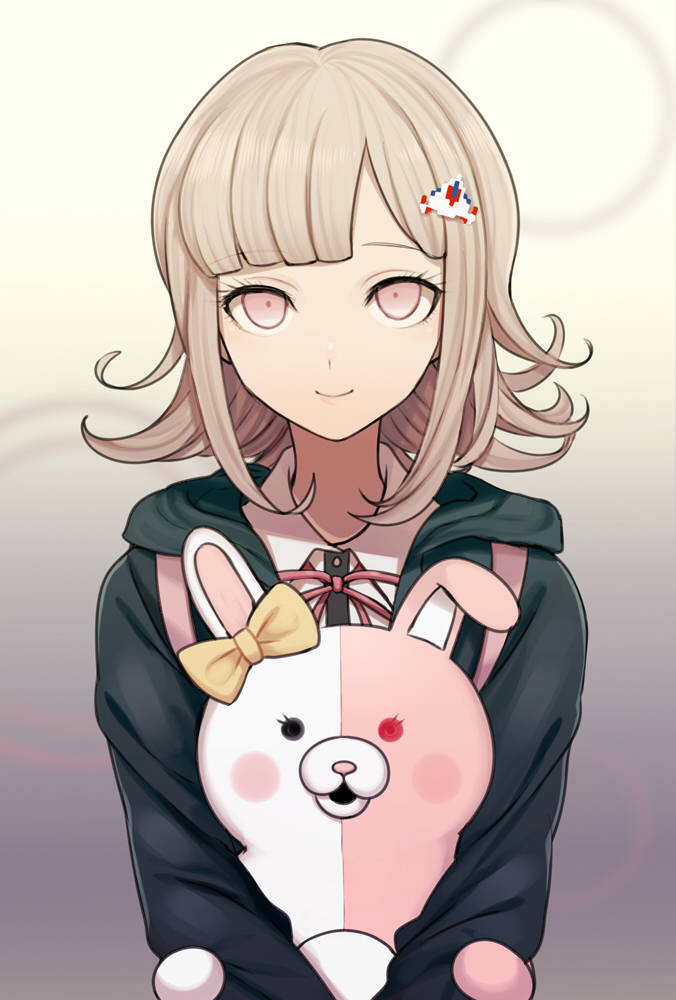 Chiaki 桌布 壁紙 — 金髮粉紅眼動漫女孩抱著一個帶有黃色蝴蝶結的粉白分色兔子毛絨玩具。