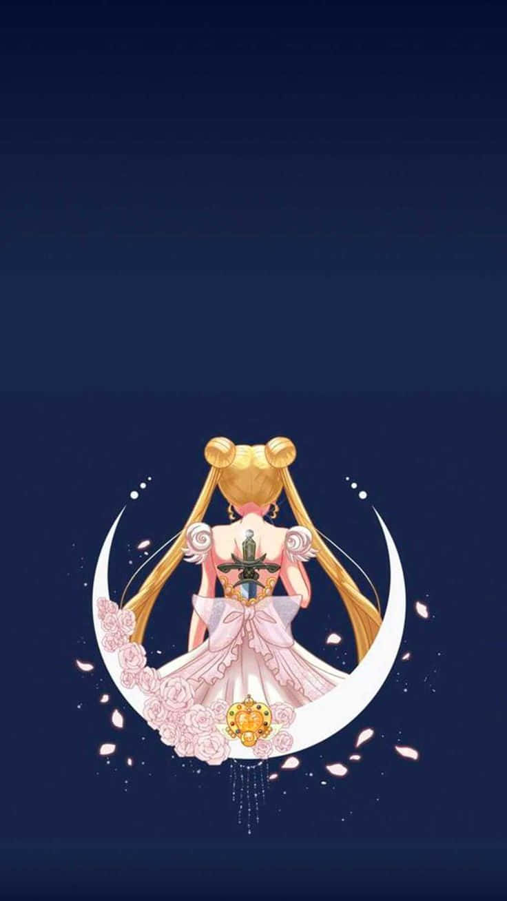 Sailor Moon iPad 桌布 壁紙 — 金髮粉裙的動漫女孩坐在新月上，背景是深藍色的夜空，花瓣飄落。