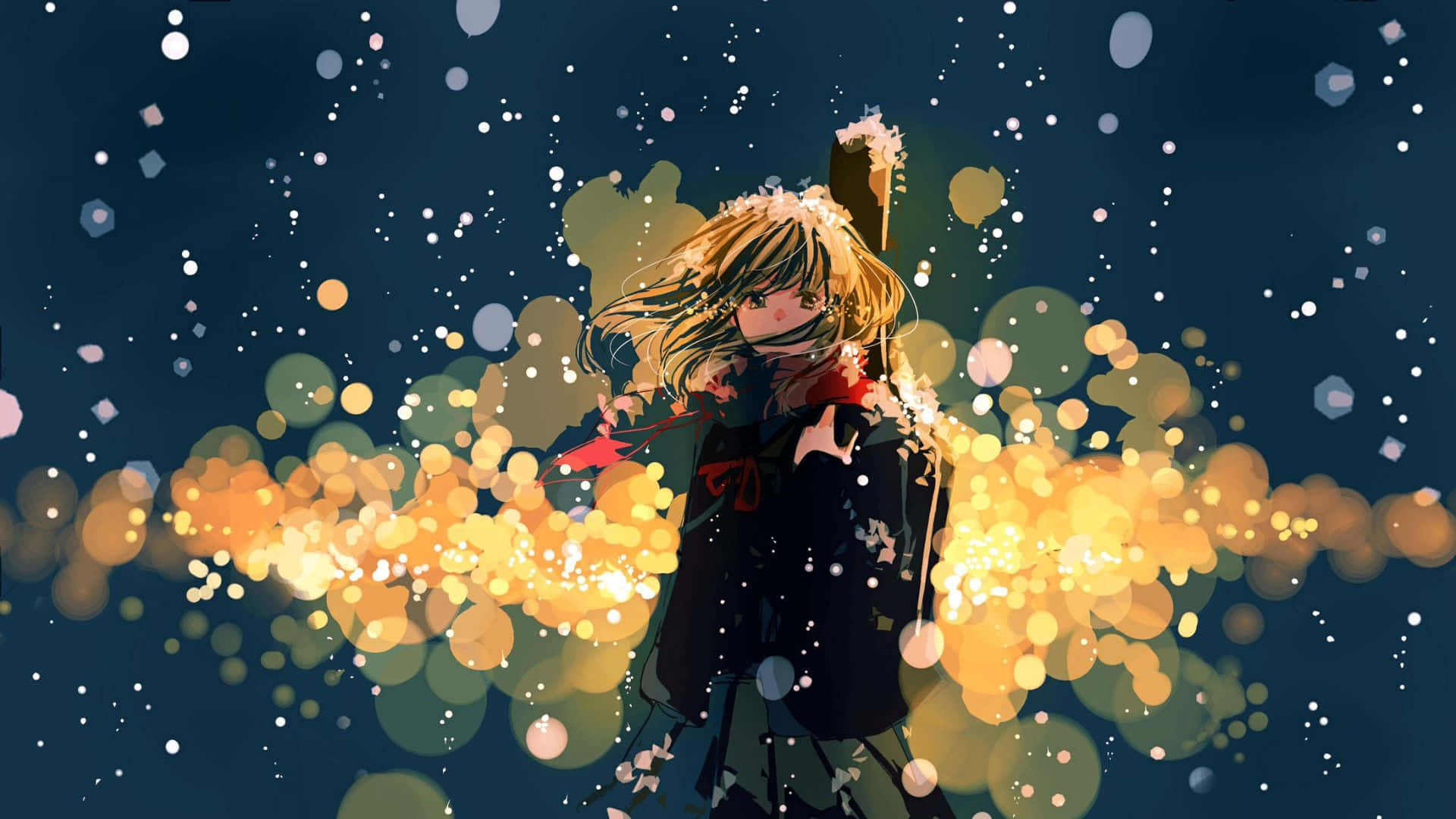 動漫 桌布 壁紙 — 金髮紅圍巾的動漫女孩站在雪夜中，身後有閃爍的金色散景燈光。