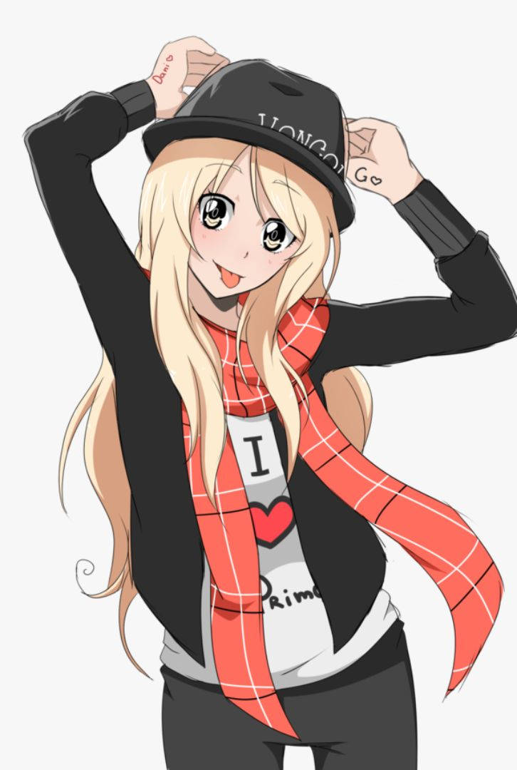 Tomboy Anime Girl 桌布 壁紙 — 金髮紅格圍巾的動漫女孩，邊微笑邊頑皮地調整她的黑色帽子。