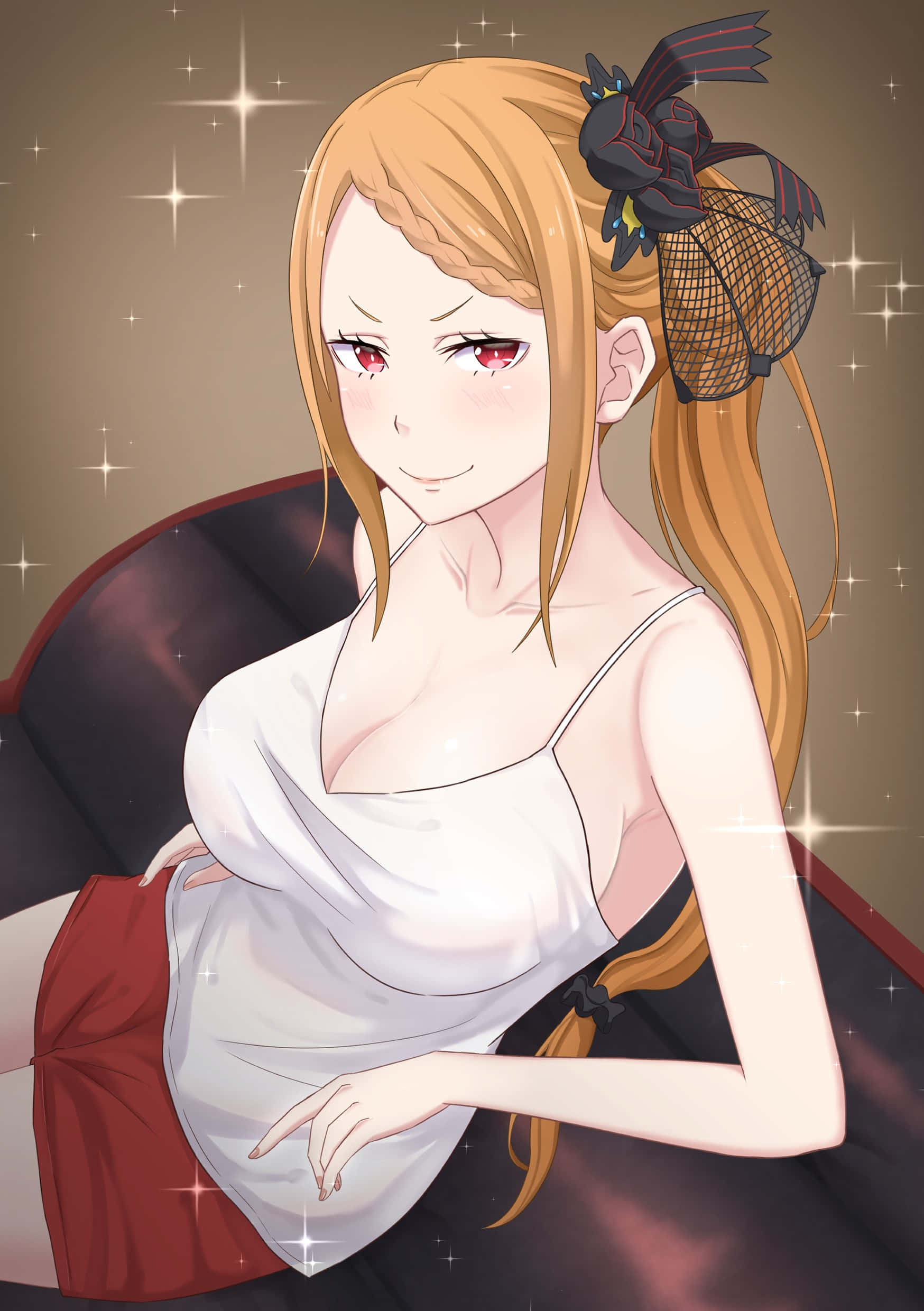 Priscilla Barielle 桌布 壁紙 — 金髮紅眼動漫女孩坐在飾有閃爍星星的椅子上微笑。