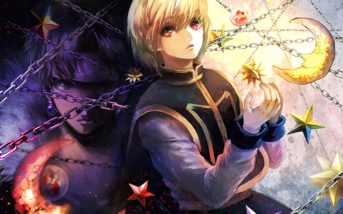 Killua Cute 桌布 壁紙 — 金髮紅眼動漫角色在黑暗宇宙背景前，手持被鎖鏈和彎月環繞的發光星星。