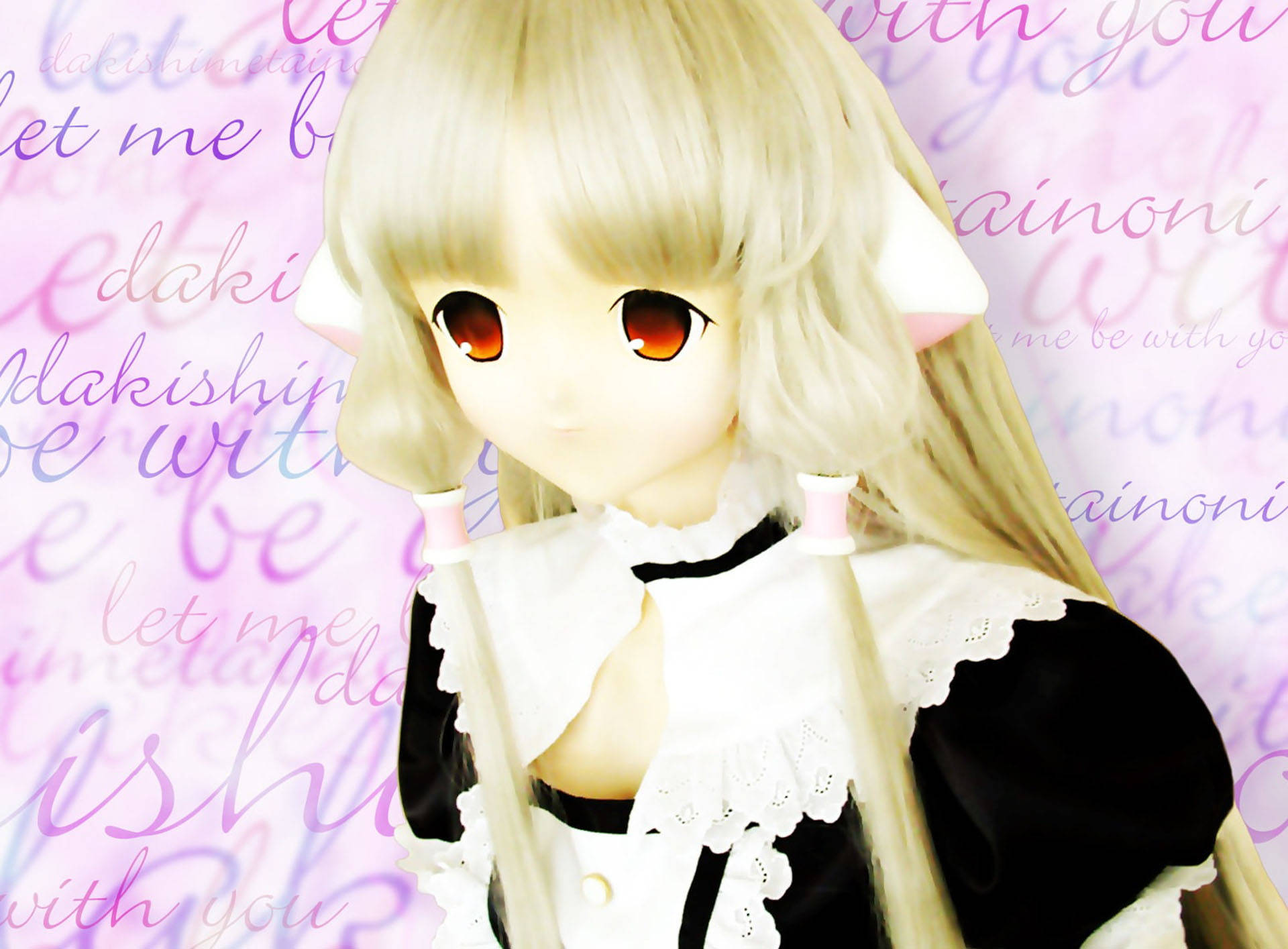Chobits 桌布 壁紙 — 金髮紅眼動漫風格人偶穿著黑白女僕裝，背景為粉紅色文字。