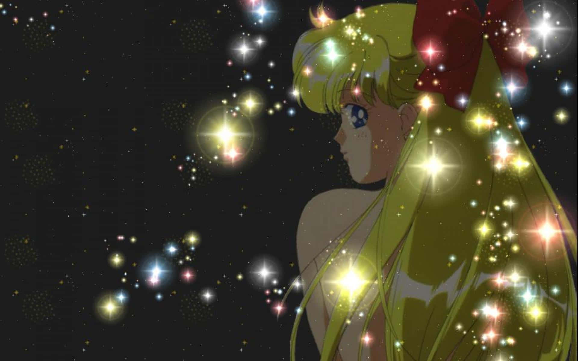 Sailor Venus 桌布 壁紙 — 金髮紅蝴蝶結的動漫女孩在漆黑的夜空中凝視著閃爍的星星。