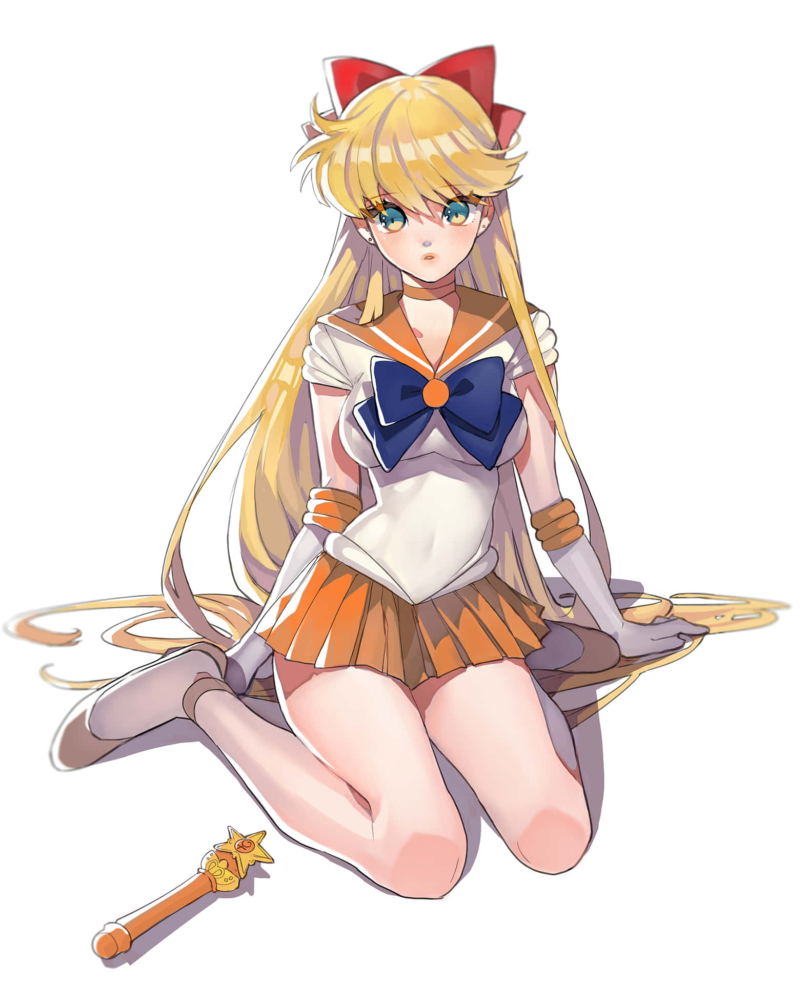 Sailor Venus 桌布 壁紙 — 金髮紅蝴蝶結的動漫女孩跪著，身穿水手服，手持星形魔杖。