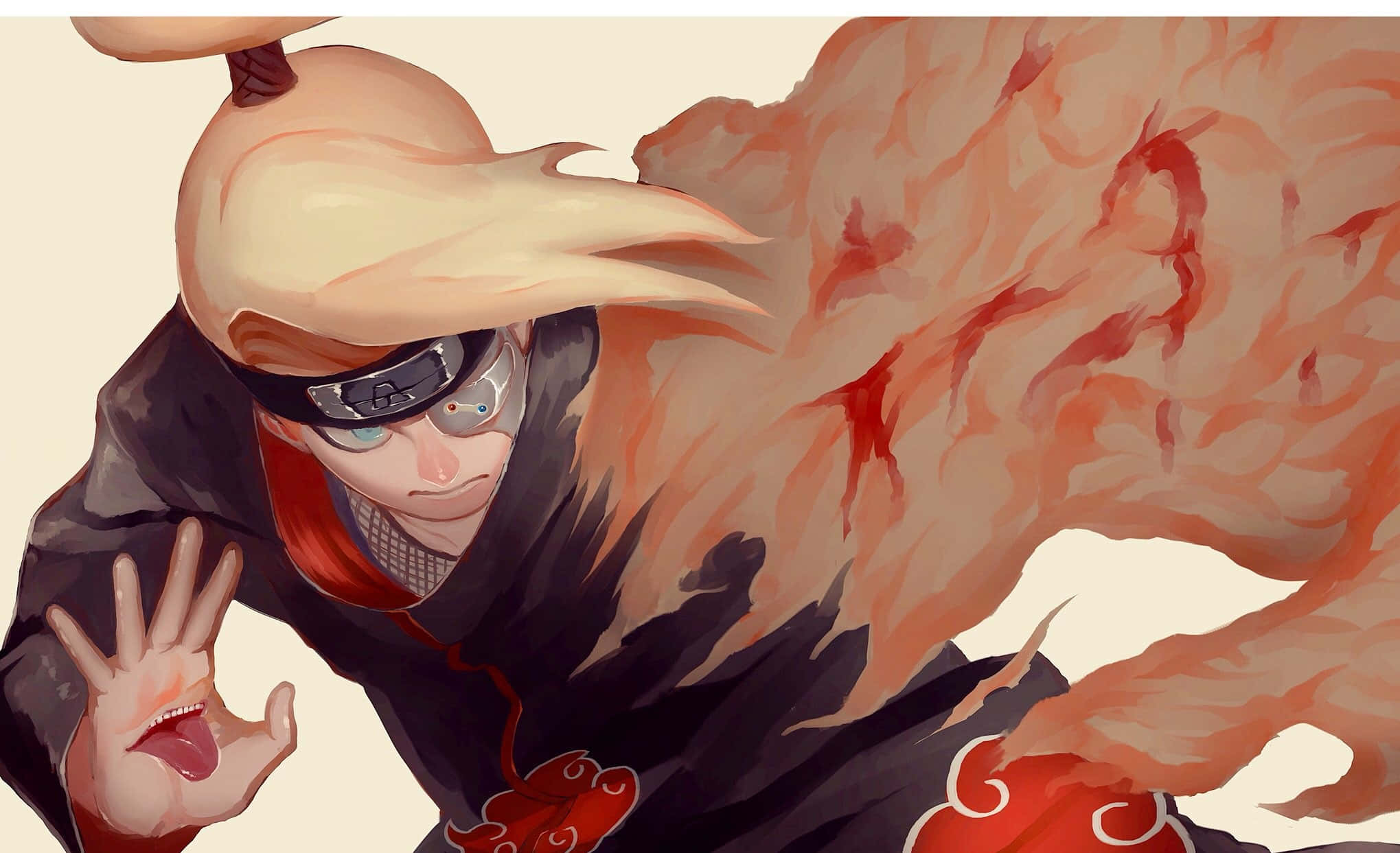 Akatsuki X Deidara 桌布 壁紙 — 金髮紅雲斗篷的動漫角色以動態姿勢釋放出熾熱的橙色查克拉。