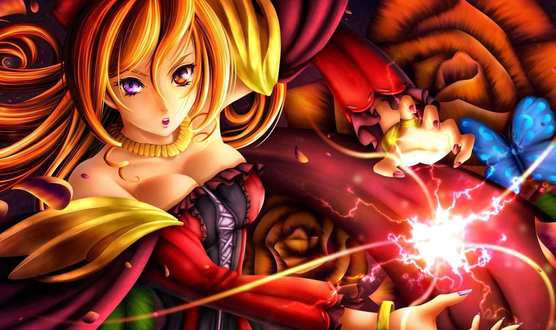 Magic Spell 桌布 壁紙 — 金髮紫眼動漫少女在旋轉的紅橙色玫瑰中引導電系魔法。
