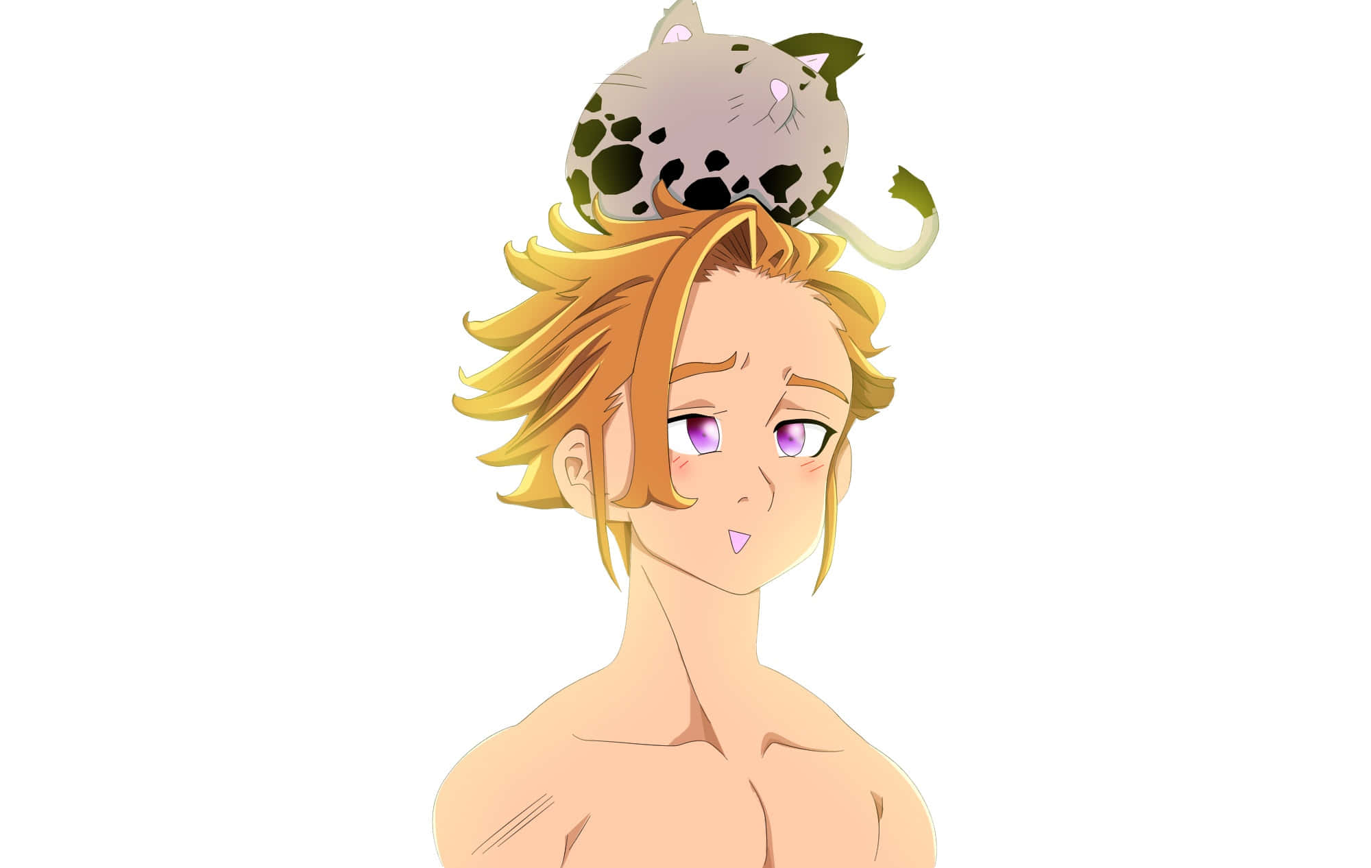 Seven Deadly Sins Arthur Pendragon 桌布 壁紙 — 金髮紫眼動漫角色，頭頂有一隻斑點貓，背景為純白色。