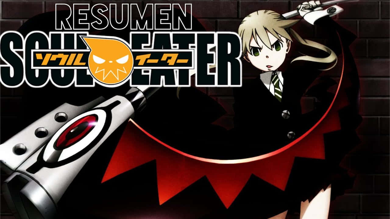 Soul Eater 桌布 壁紙 — 金髮綠眼動漫女孩在磚牆背景下揮舞鐮刀，牆上有「Soul Eater」標誌。