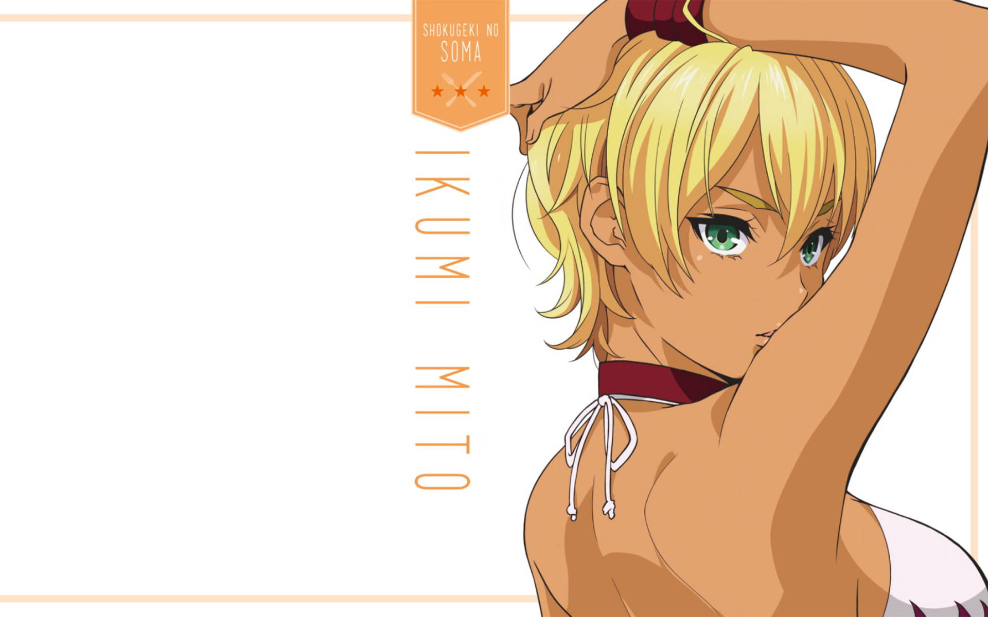 food wars shokugeki no soma 桌布 壁紙 — 金髮綠眼動漫女孩穿著白色比基尼，在乾淨的白色背景前整理頭髮。