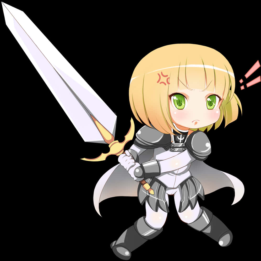 Q版動圖 桌布 壁紙 — 金髮綠眼的Q版動漫女孩在黑色背景中揮舞一把大劍。