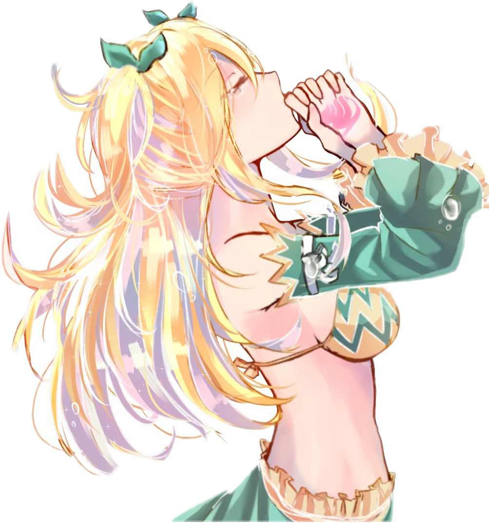 aquarius 桌布 壁紙 — 金髮綠蝴蝶結的動漫女孩，從柔和粉彩色的發光粉紅色杯子中飲用。