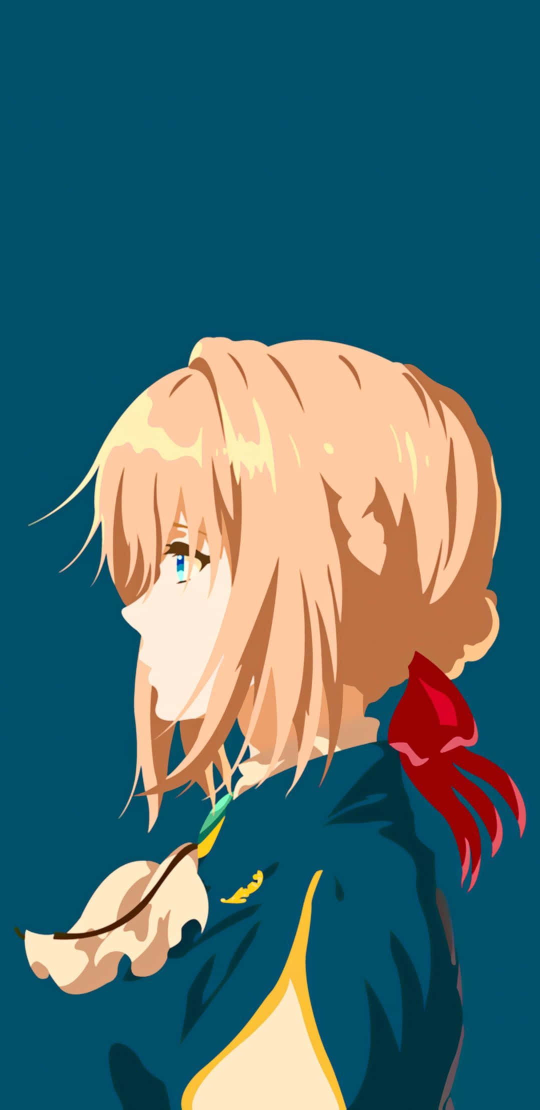 Violet Evergarden iPhone 桌布 壁紙 — 金髮藍眼動漫女孩側視，背景為深青色，手持一個小物件。