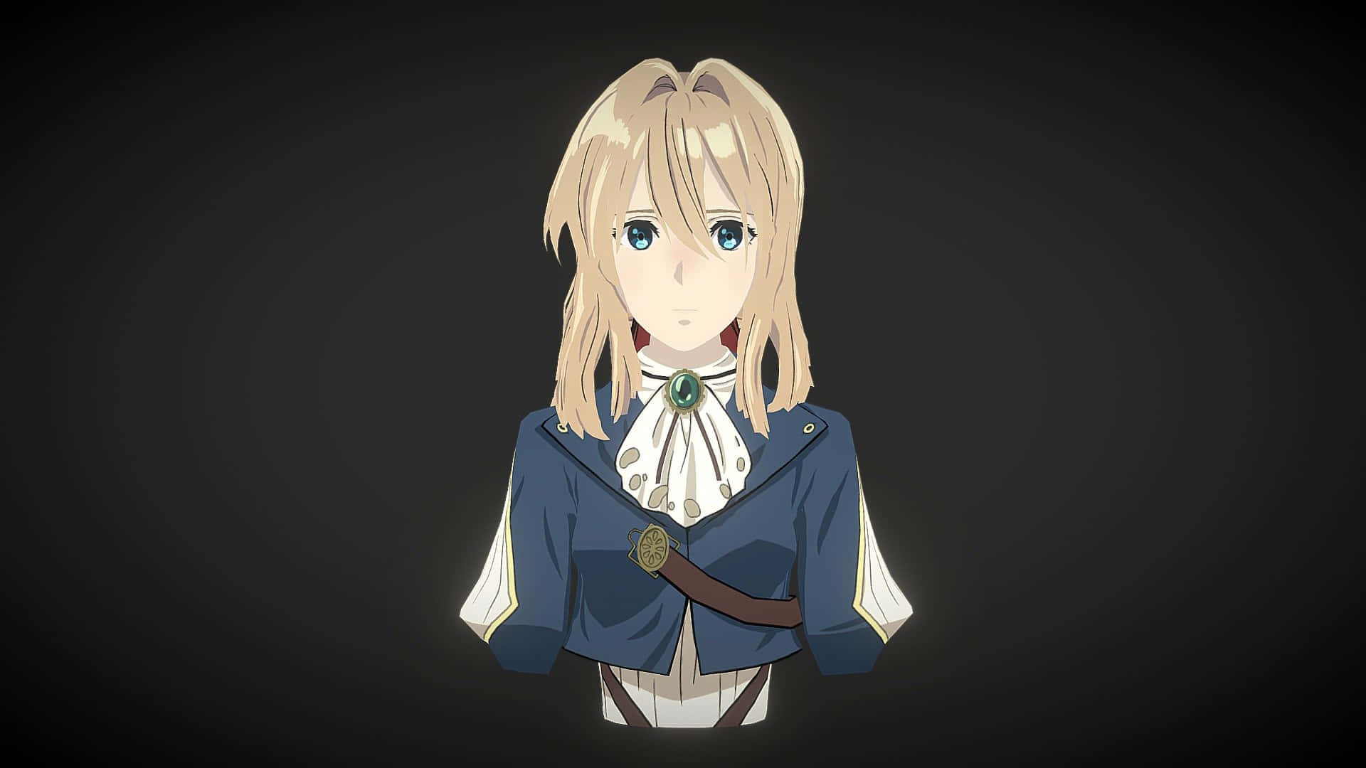 動漫 桌布 壁紙 — 金髮藍眼動漫女孩穿著細節豐富的藍色制服，配有白色領子和綠色胸針，背景為深色漸變。