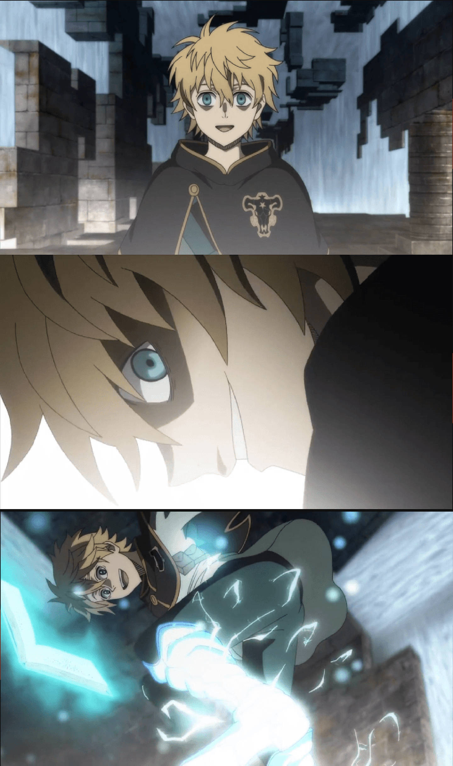 Luck Voltia 桌布 壁紙 — 金髮藍眼動漫角色在石頭廢墟中揮舞發光的藍色魔法。