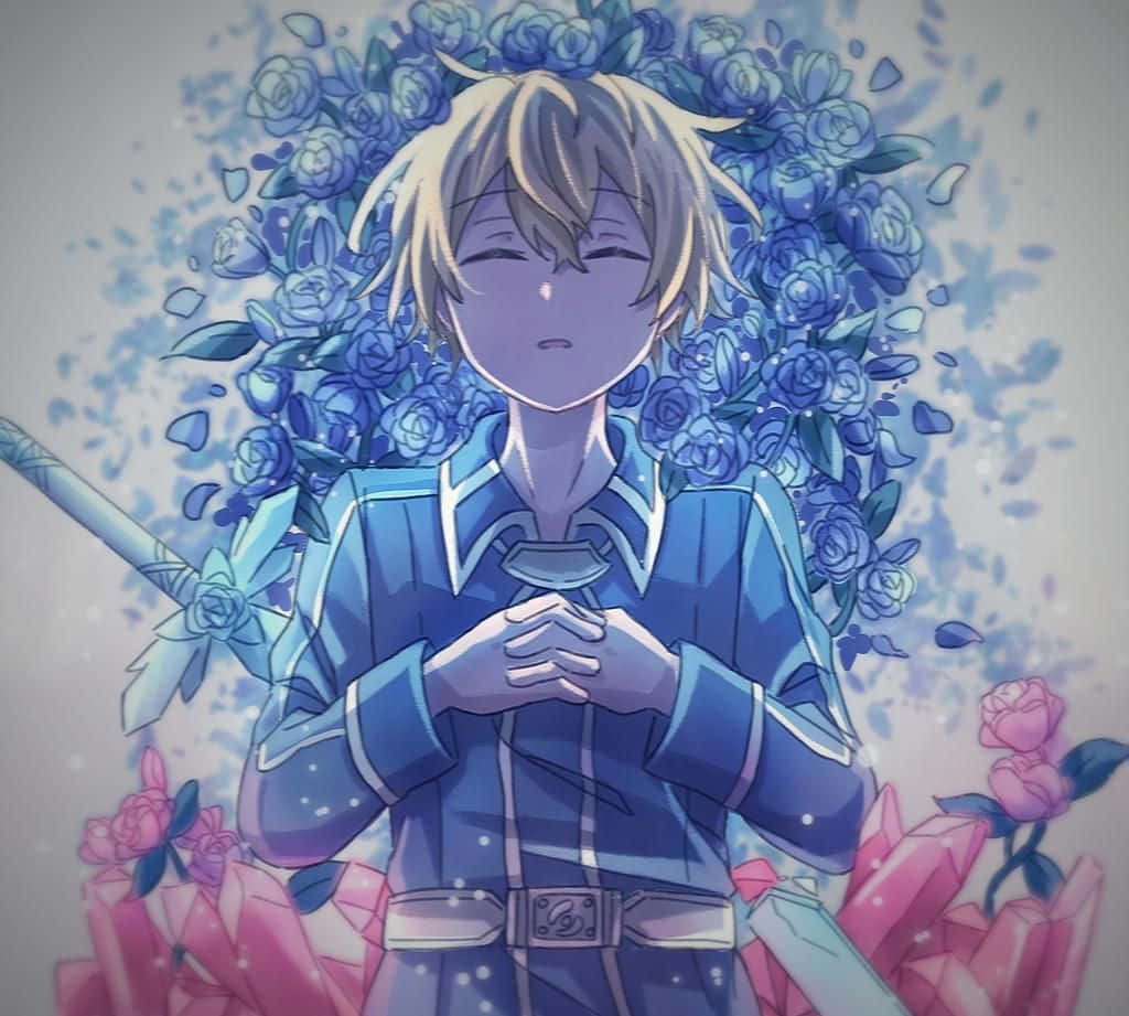 Sword Art Online Eugeo 桌布 壁紙 — 金髮藍眼的動漫男孩，在藍玫瑰和粉紅水晶中平靜地站著，手持劍。
