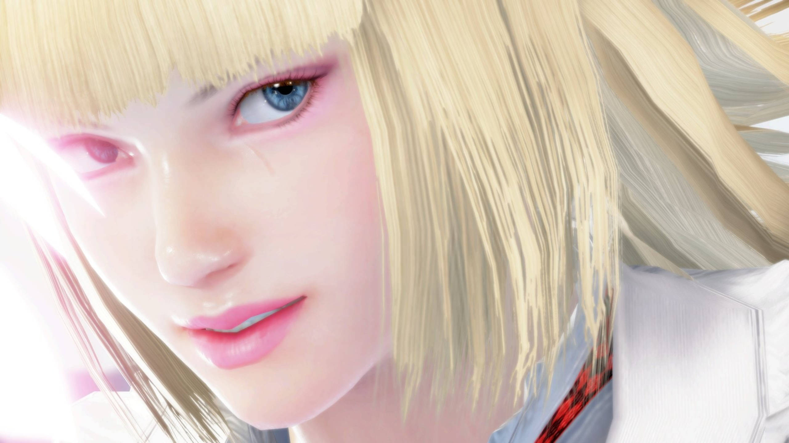 Tekken 桌布 壁紙 — 金髮藍眼粉唇動漫少女特寫，柔和光線下向前凝視。