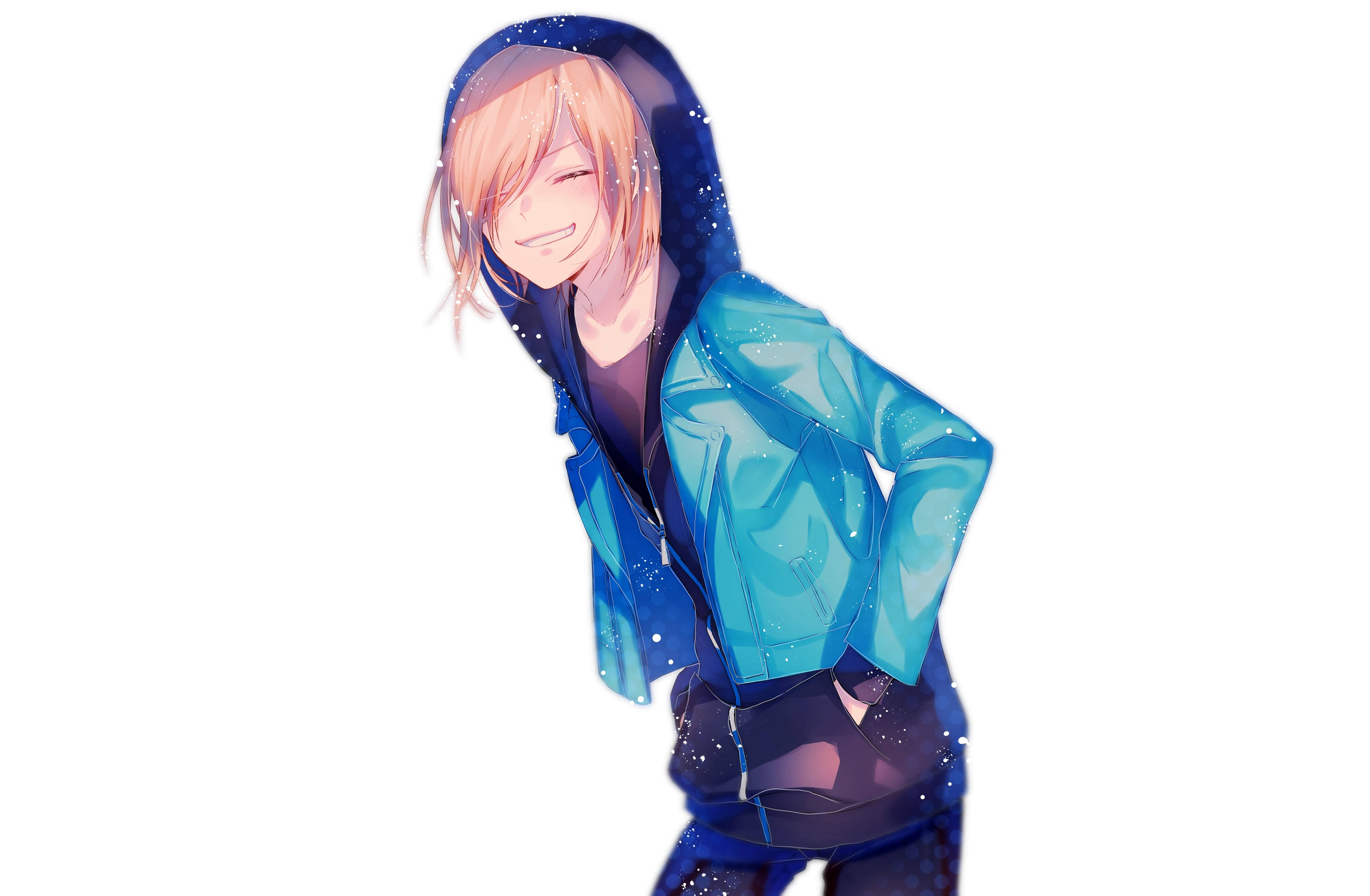 yuri 桌布 壁紙 — 金髮藍色連帽衫的動漫男孩在閃爍的白色背景上溫暖地微笑。