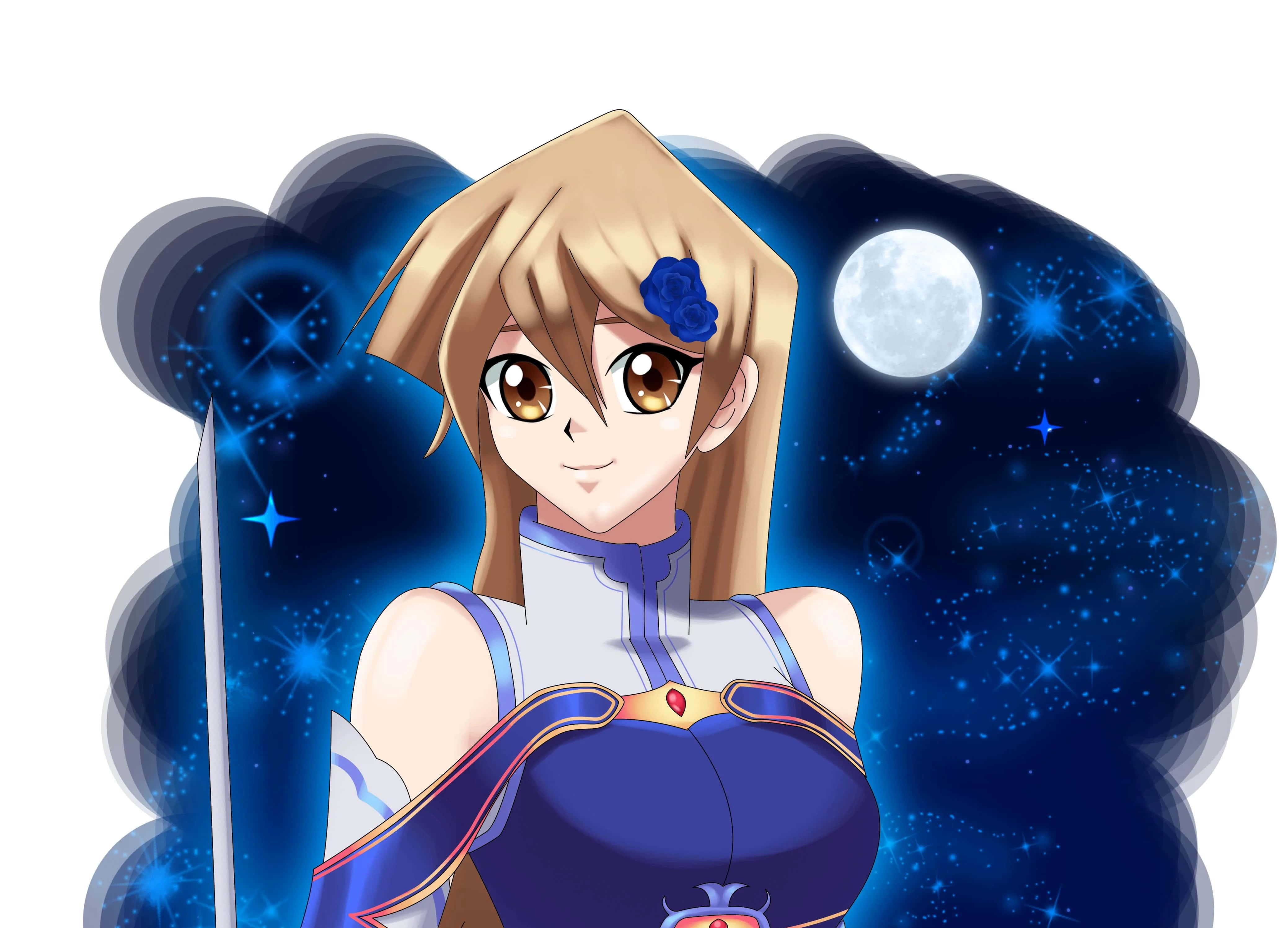 Alexis Rhodes 桌布 壁紙 — 金髮藍衣的動漫女孩站在滿月和閃爍星星的星空前。