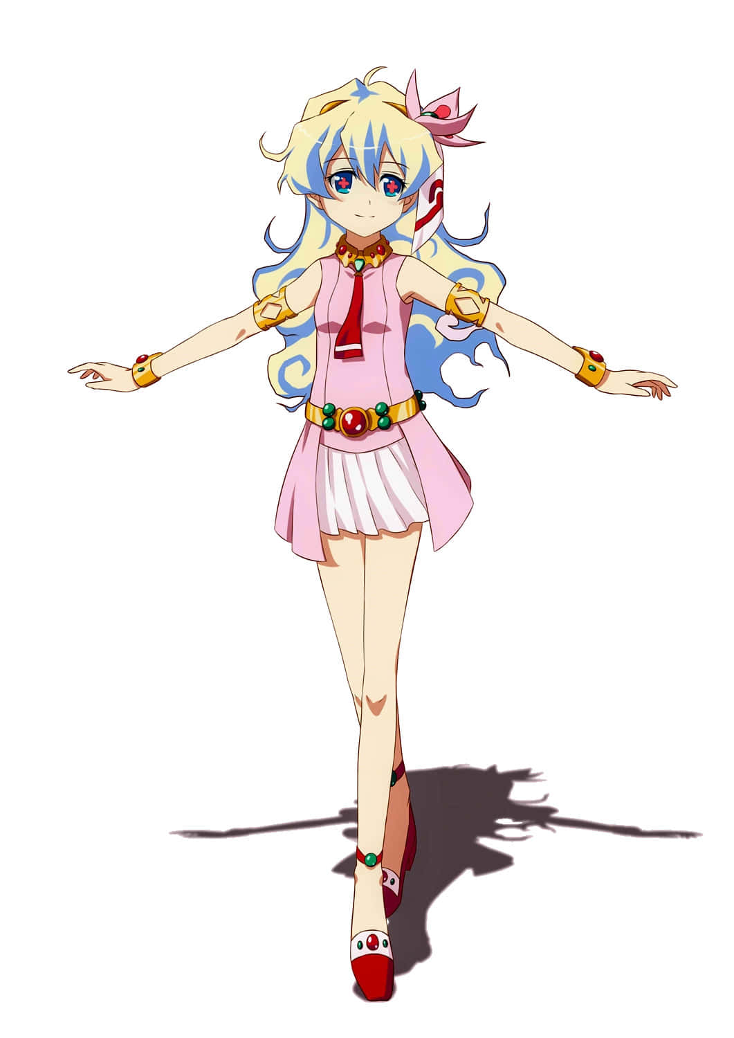 Nia Teppelin 桌布 壁紙 — 金髮藍髮的動漫女孩穿著粉紅色服裝，在白色背景前張開雙臂站立，投下陰影。
