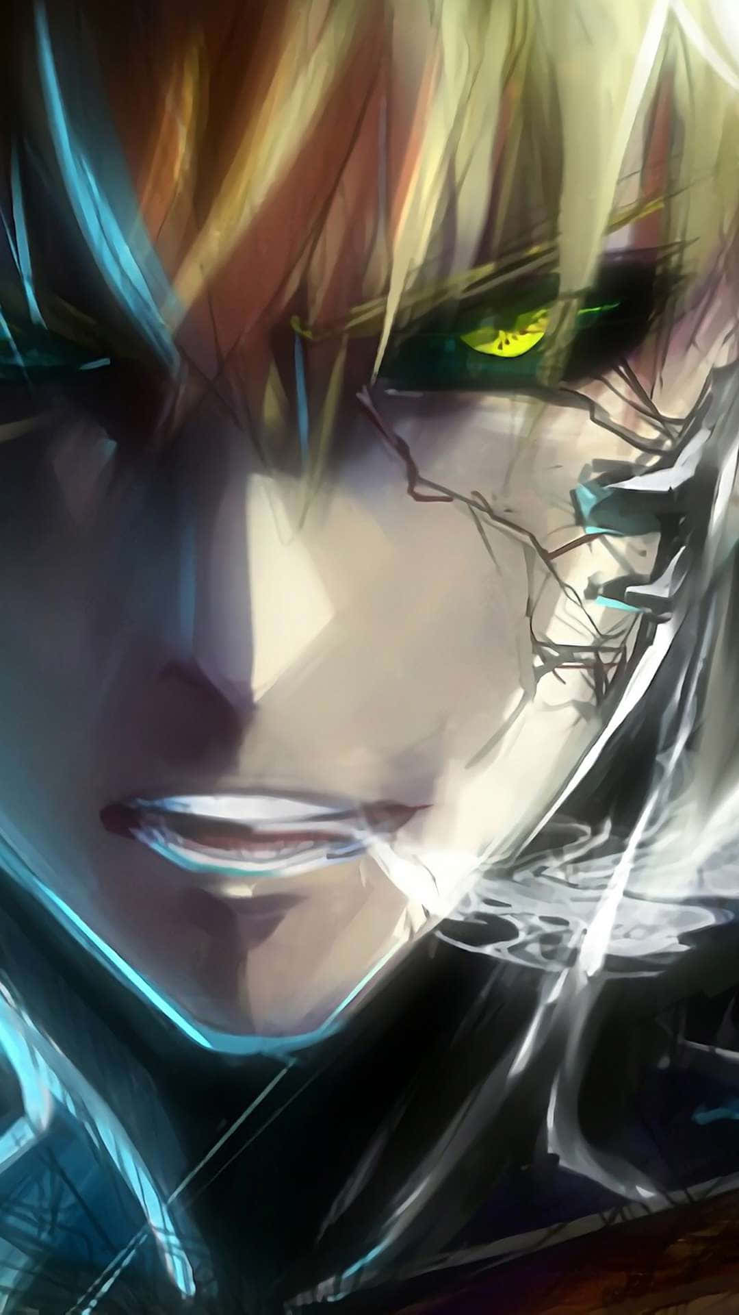Genos 桌布 壁紙 — 金髮角色特寫動畫肖像，擁有發光的綠色眼睛和銳利的面部特徵。