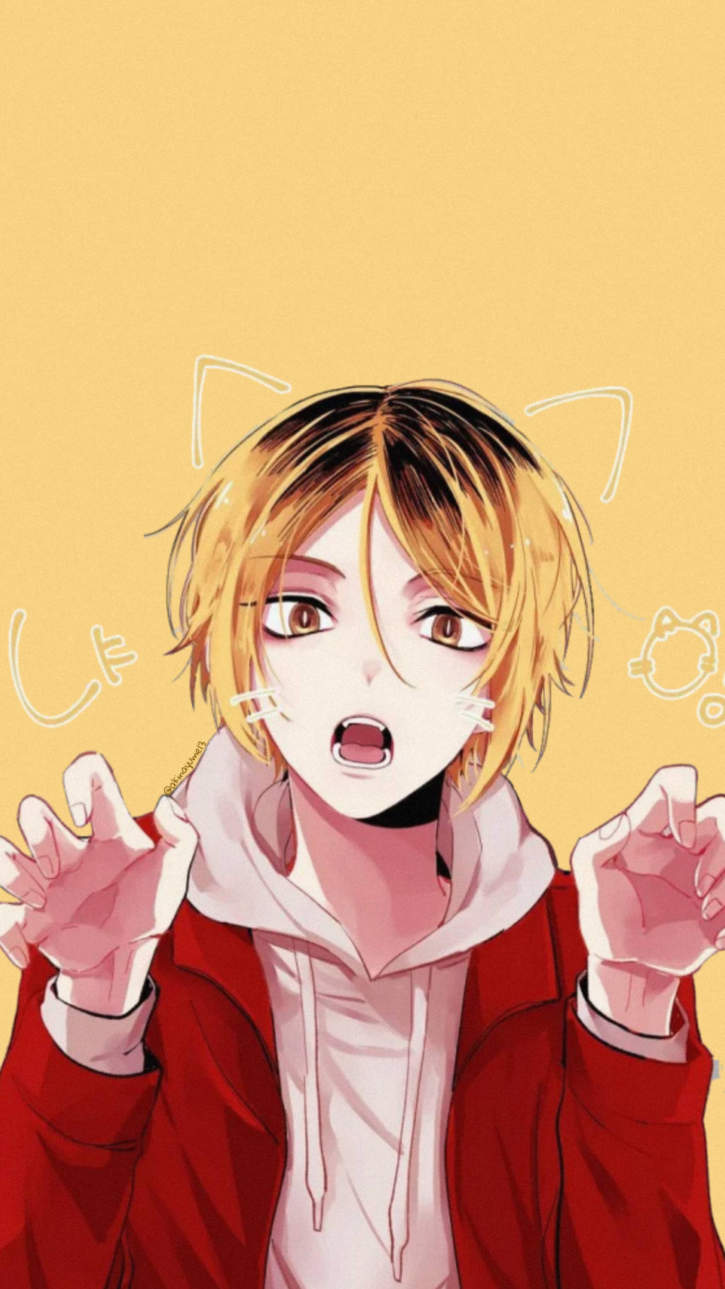 動漫男孩 桌布 壁紙 — 金髮貓耳動漫男孩在溫暖的黃色背景上興奮地大喊。