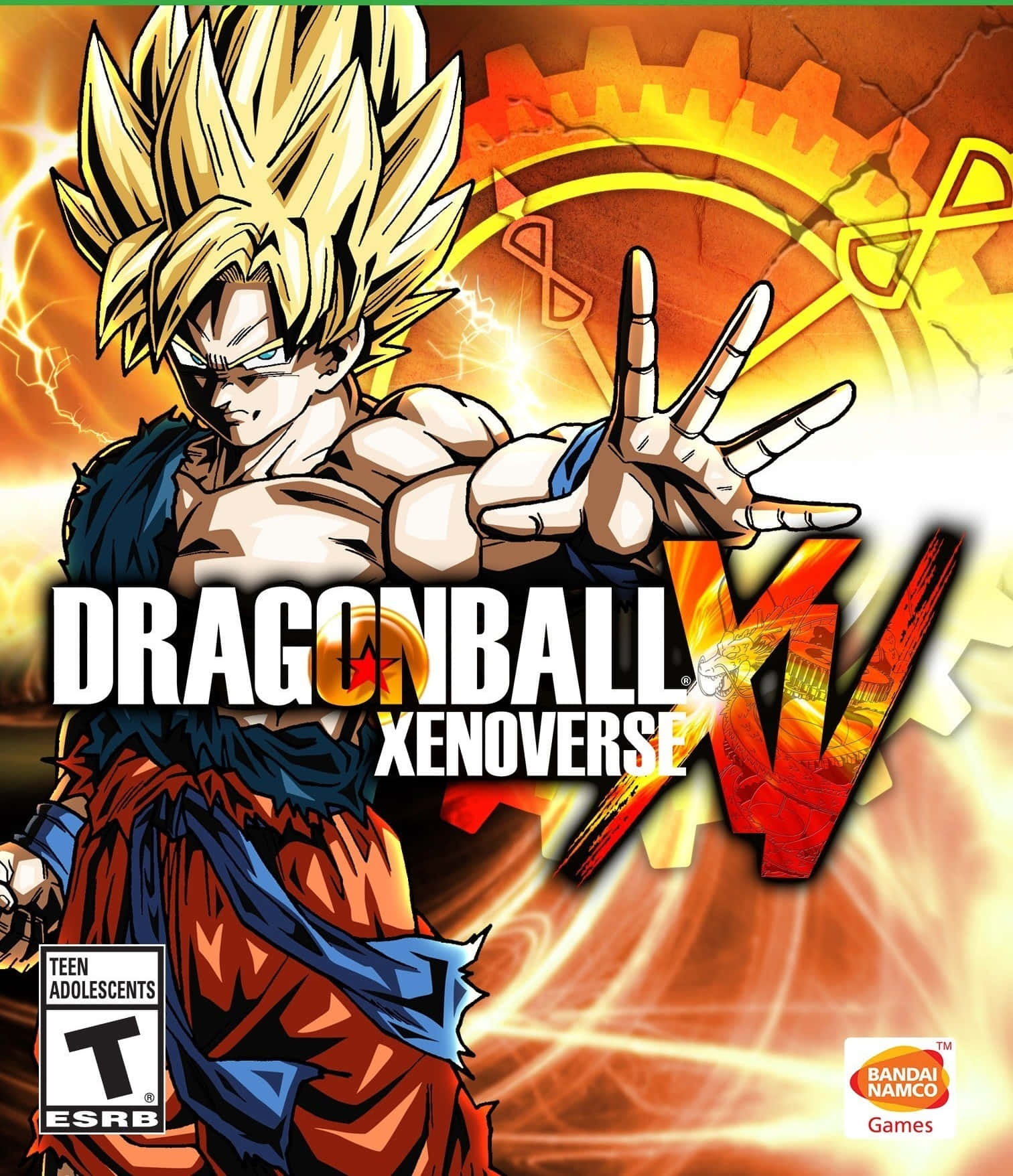 Dragon Ball Xenoverse 2 桌布 壁紙 — 金髮超級賽亞人悟空在火焰齒輪背景下擺出戰鬥姿勢，並帶有七龍珠異戰標題。