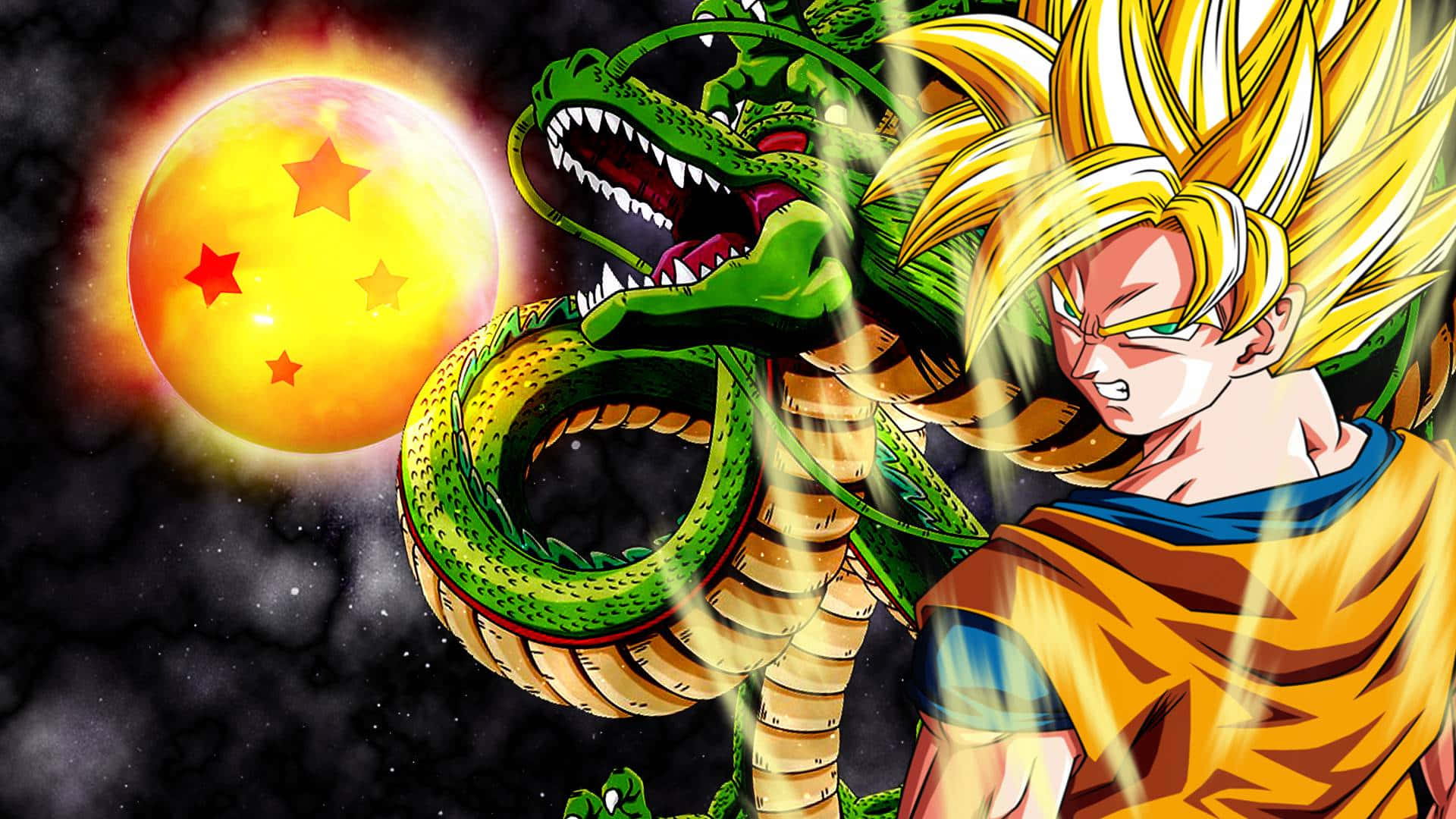 悟空 桌布 壁紙 — 金髮超級賽亞人悟空面對一隻咆哮的綠色巨龍，旁邊是一顆帶有紅色星星的發光行星。