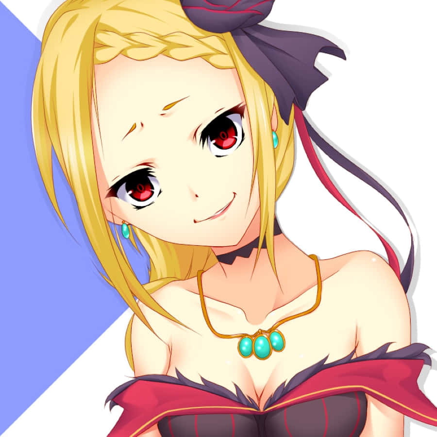 Priscilla Barielle 桌布 壁紙 — 金髮辮子、紅眼睛、戴紫色蝴蝶結的動漫女孩，在藍白背景下溫暖微笑。