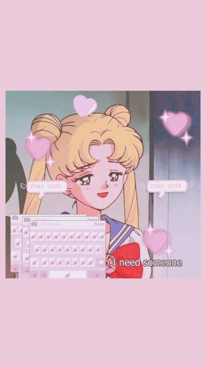 美學 桌布 壁紙 — 金髮雙丸子頭動漫女孩，帶著心形閃光，在寫有「I need someone」的鍵盤旁微笑。