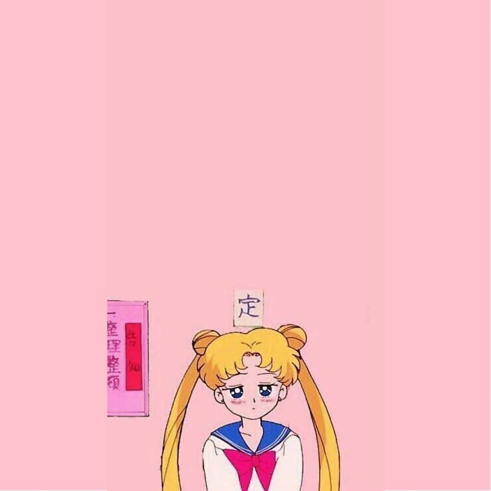 美少女戰士 桌布 壁紙 — 金髮雙馬尾、穿著水手服的動畫女孩在純粉紅色背景上看起來很疲倦。