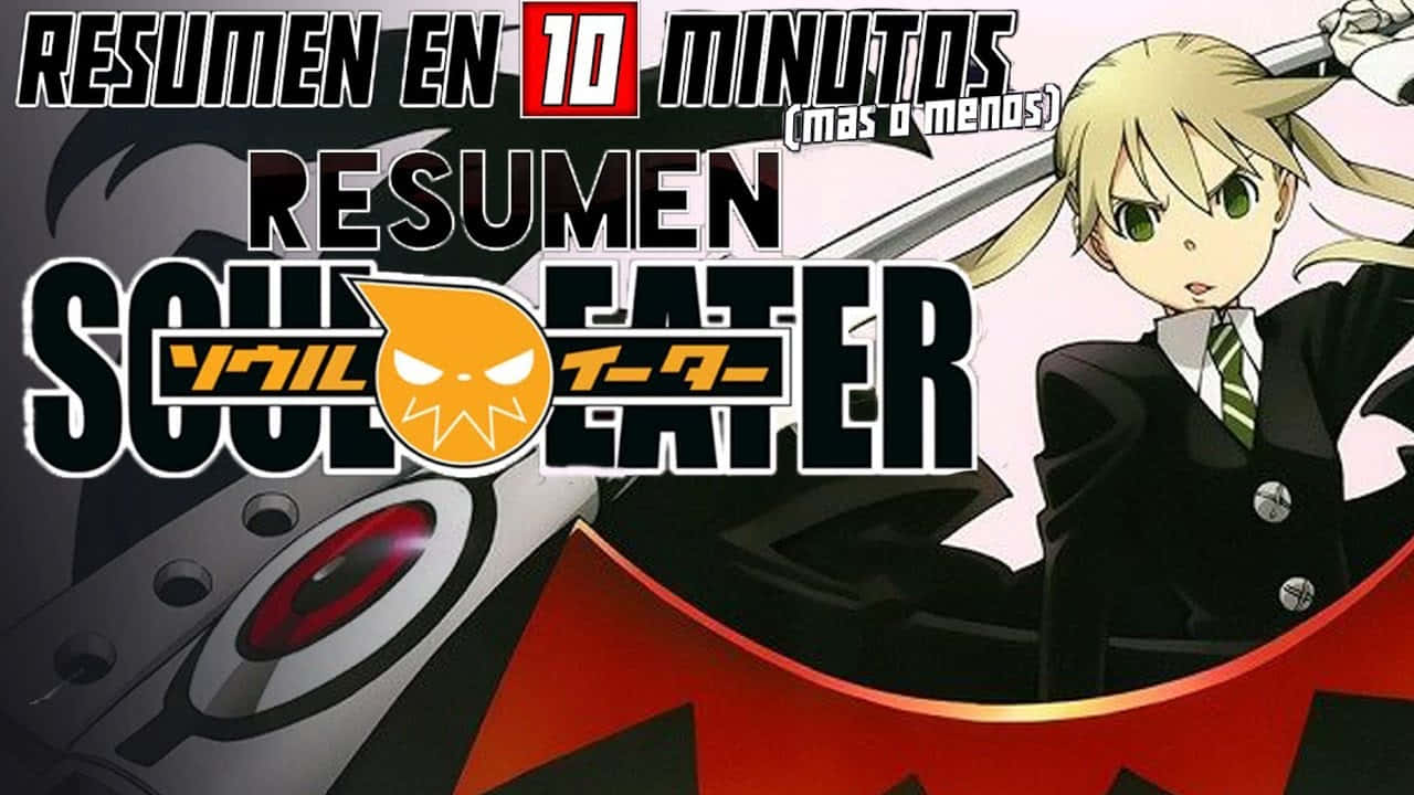 Soul Eater 桌布 壁紙 — 金髮雙馬尾、綠眼睛的動漫角色，身穿黑色校服，手持劍，旁邊有機械武器和粗體文字。