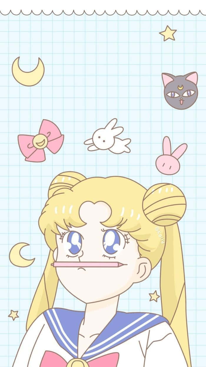 Sailor Moon iPad 桌布 壁紙 — 金髮雙馬尾、身穿水手服的動畫女孩，被漂浮的月亮、星星和可愛動物圍繞在方格紙背景上。