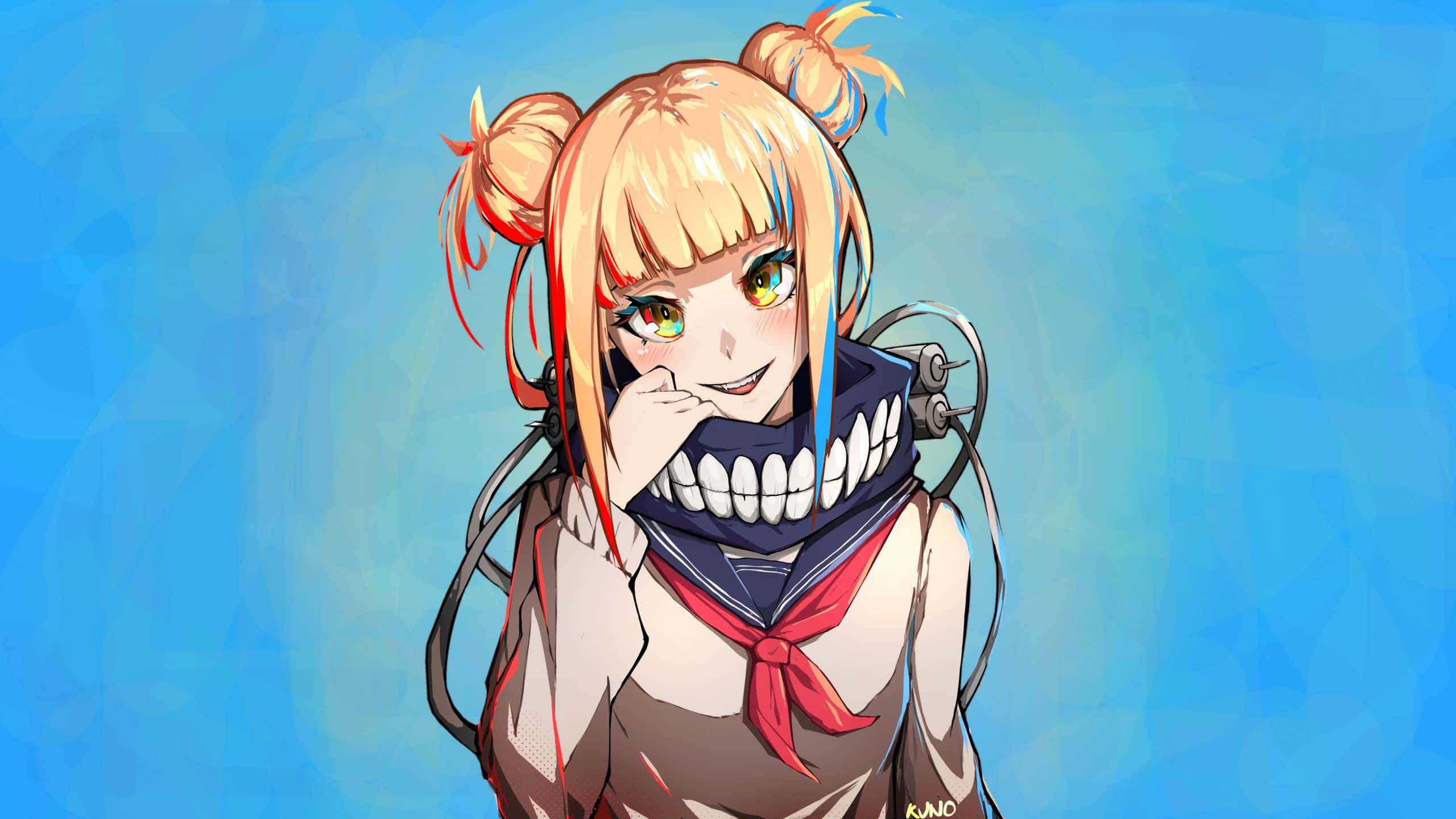 Himiko Toga Aesthetic 桌布 壁紙 — 金髮雙馬尾、露齒大笑的動漫女孩，在藍色漸變背景前戴著紅色圍巾和機械齒輪。