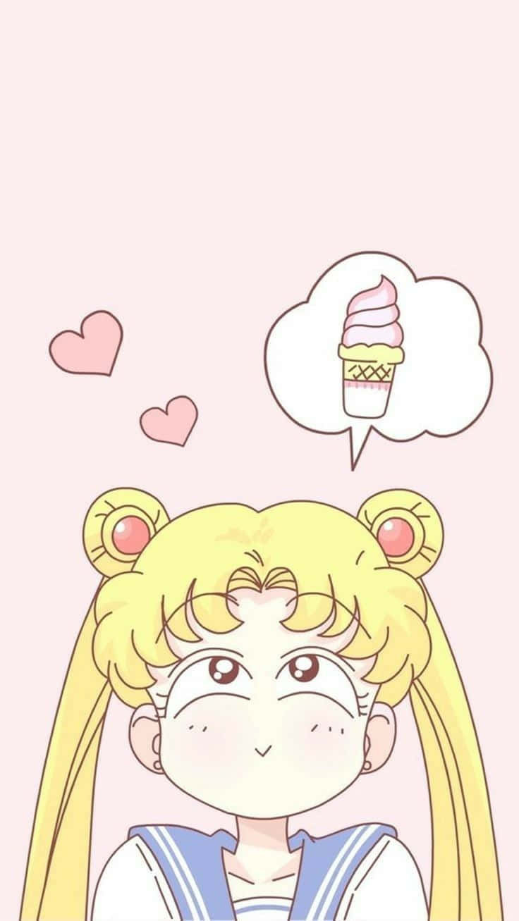 美少女戰士 桌布 壁紙 — 金髮雙馬尾水手服動漫女孩幻想著粉紅色冰淇淋甜筒，周圍漂浮著愛心。