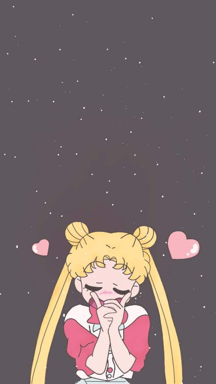 Sailor Moon iPad 桌布 壁紙 — 金髮雙馬尾的動漫女孩，帶有粉紅色心形裝飾，在星空下害羞地微笑。